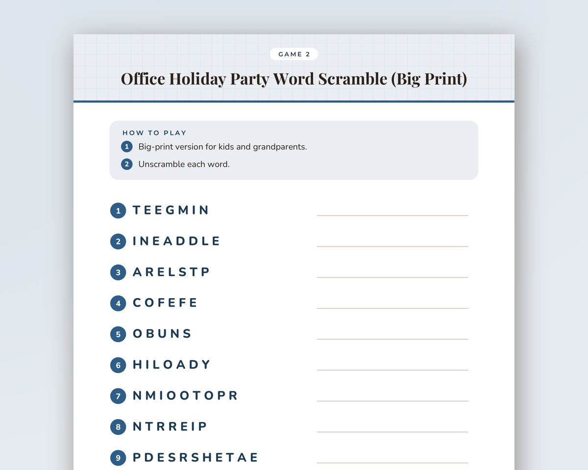 Office Holiday Party Word Scramble Game: 20 Printable Word Puzzles with Answer Key printable preview 2