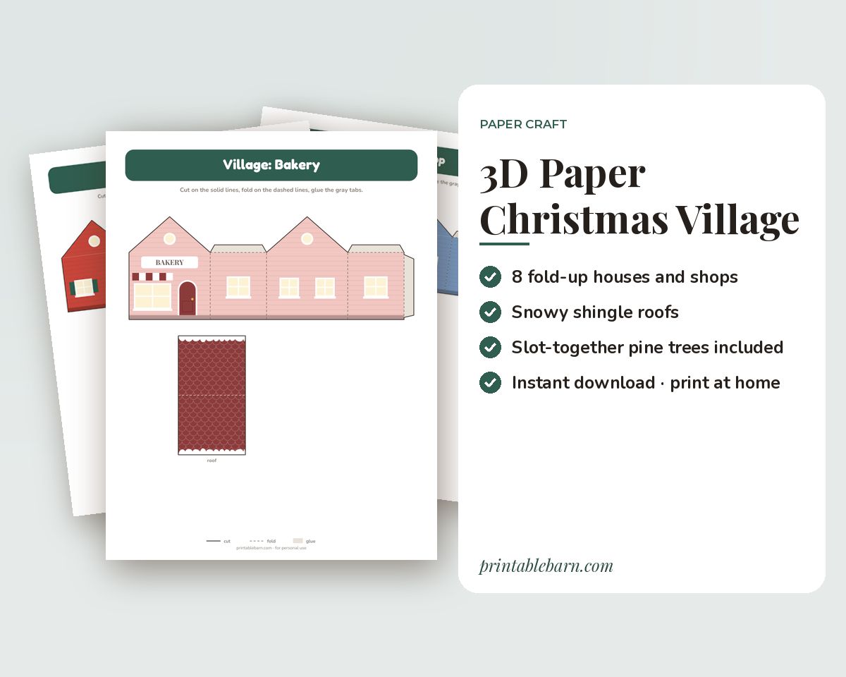 3D Paper Christmas Village: 8 Houses & Shops to Print, Cut and Fold (Printable PDF) printable preview 1