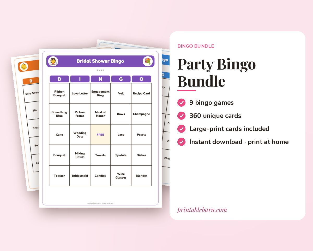 Party Bingo Bundle: 9 Printable Bingo Games for Showers, Birthdays, Reunions & Office Parties (360 Cards) printable preview 1