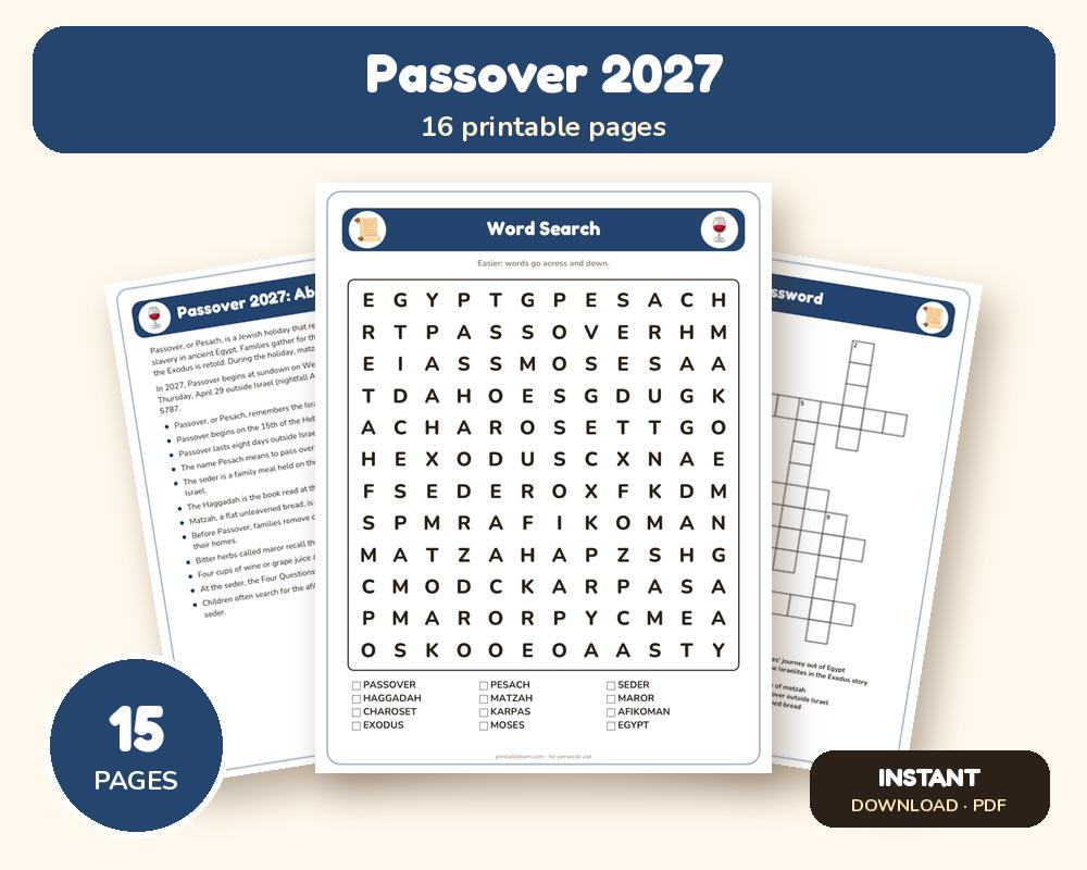 Passover 2027 Activity Pack: Puzzles, Facts & Quiz printable preview 1