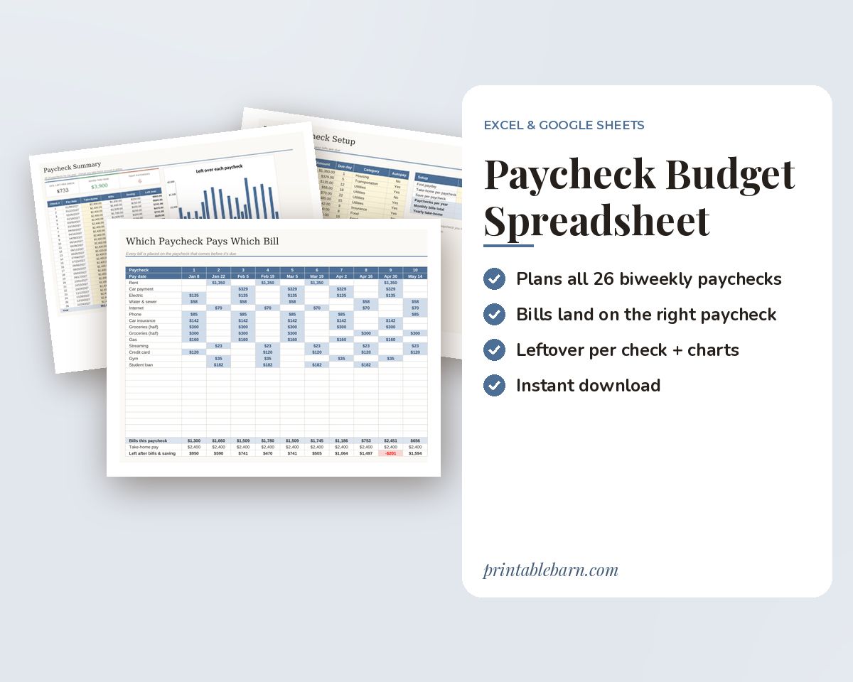Paycheck Budget Spreadsheet: Biweekly Bill Planner for Excel & Google Sheets printable preview 1