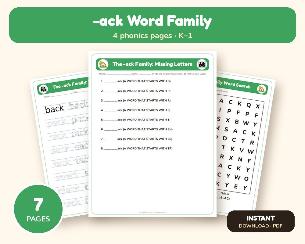 -ACK Word Family Worksheets: Trace, Write, Word Search & Sort (Printable)