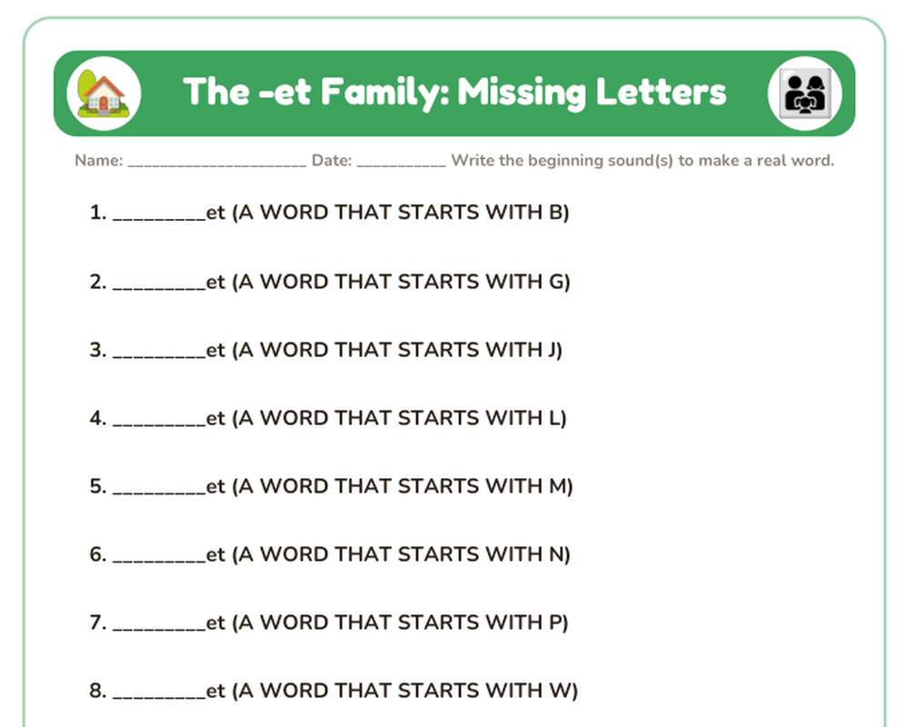 -ET Word Family Worksheets: Trace, Write, Word Search & Sort (Printable) printable preview 2