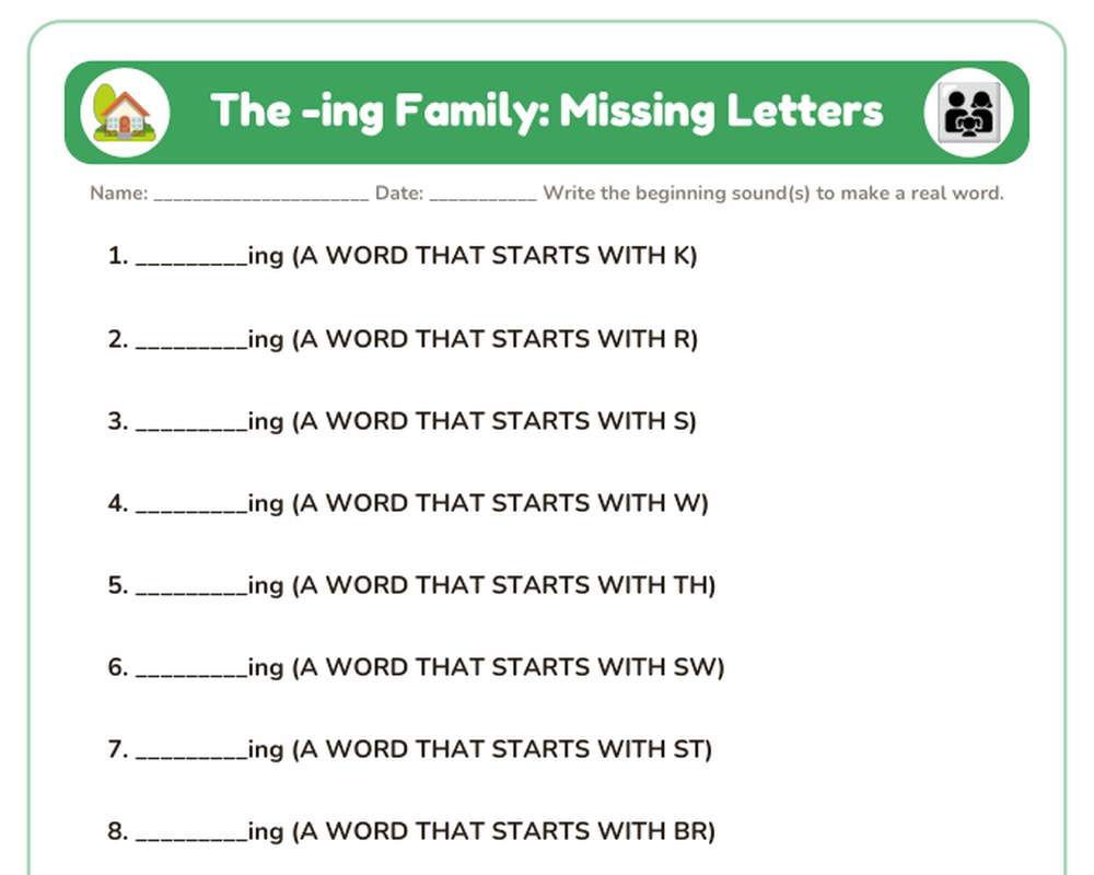 Free printable -ING Word Family sample page