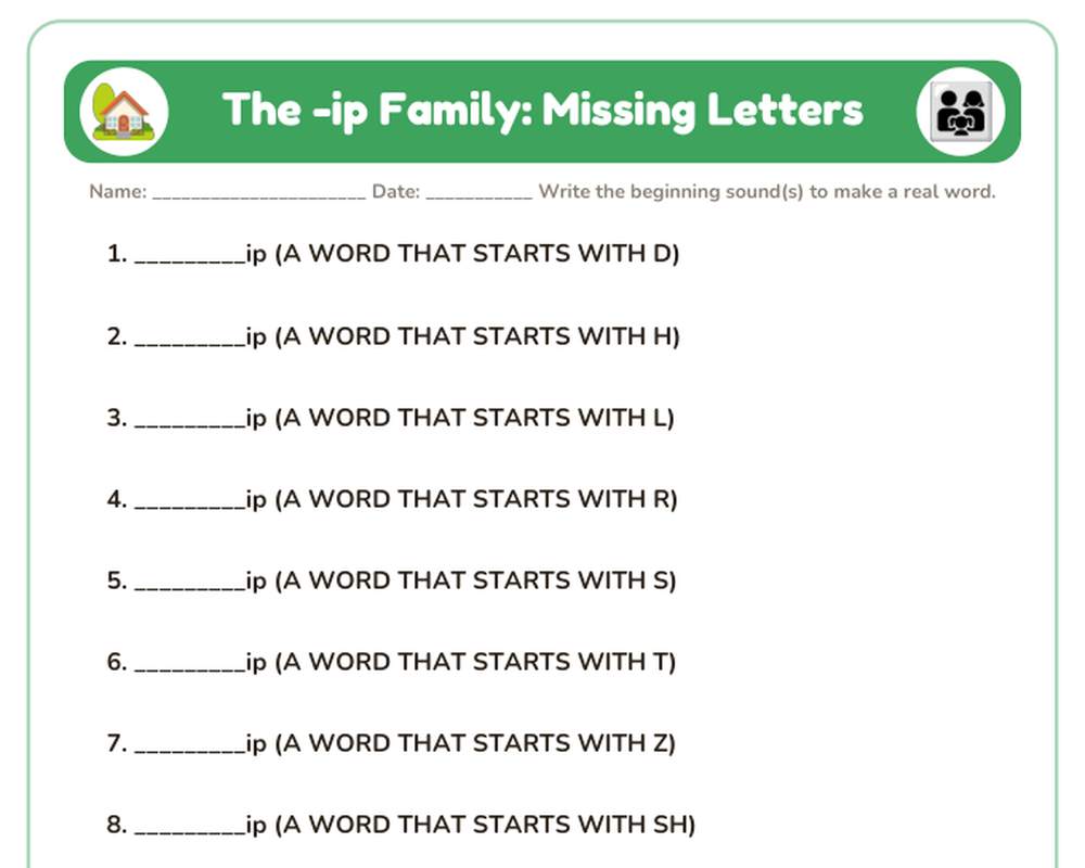 Free printable -IP Word Family sample page