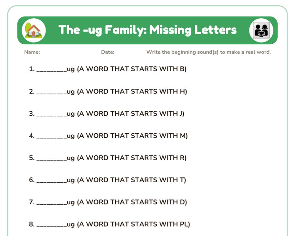 Free printable -UG Word Family sample page