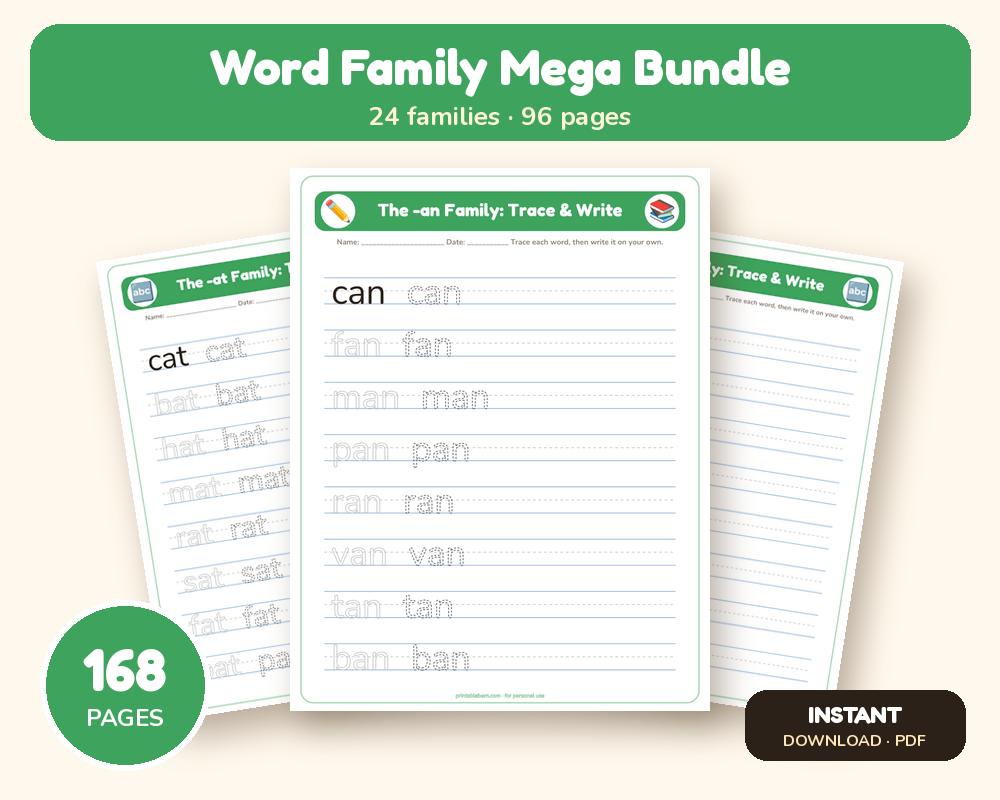 Word Family Worksheets Mega Bundle: 24 Word Families, 96 Pages (Kβ1 Phonics) printable preview 1
