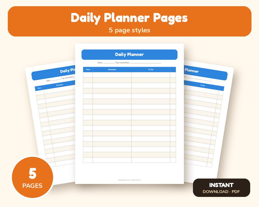 Daily Planner Pages (Hourly Schedule + To-Do) printable preview 1