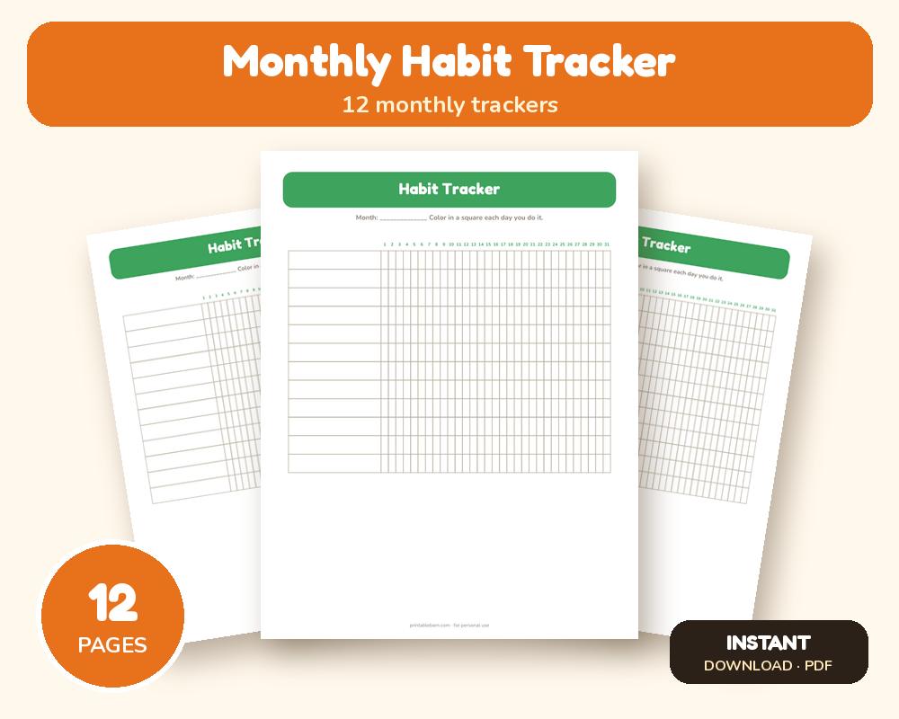 Monthly Habit Tracker (12 Pages)