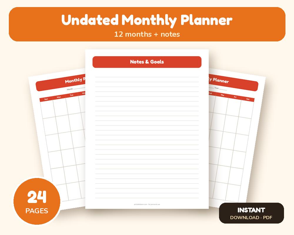 Undated Monthly Planner (12 Months + Notes)