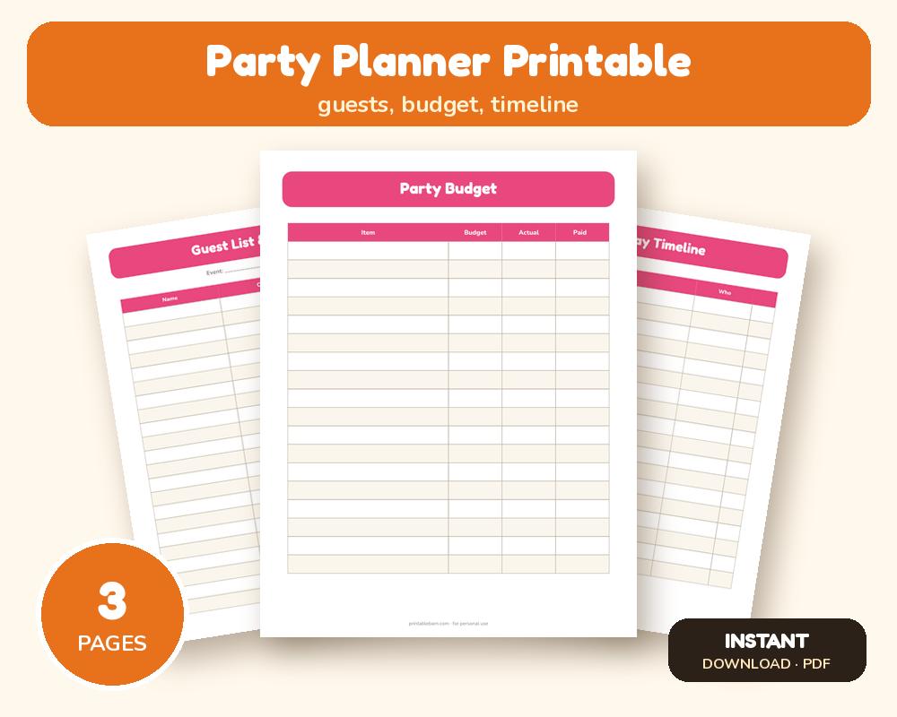 Party Planner Printable: Guest List, Budget & Timeline