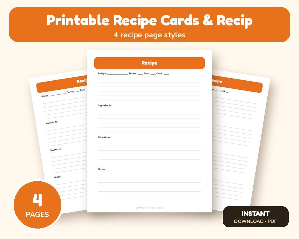 Printable Recipe Cards & Recipe Pages