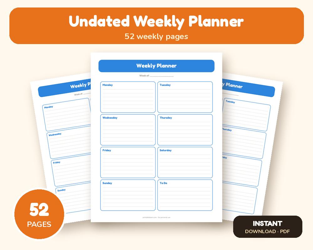 Undated Weekly Planner (52 Weeks) printable preview 1