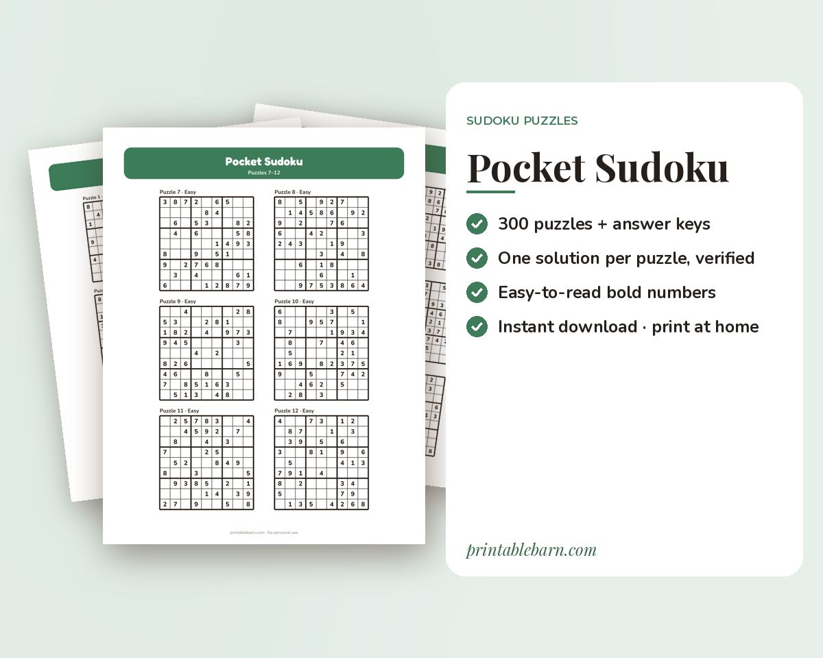 Pocket Sudoku: 300 Printable Puzzles, Easy to Hard (6 Per Page)