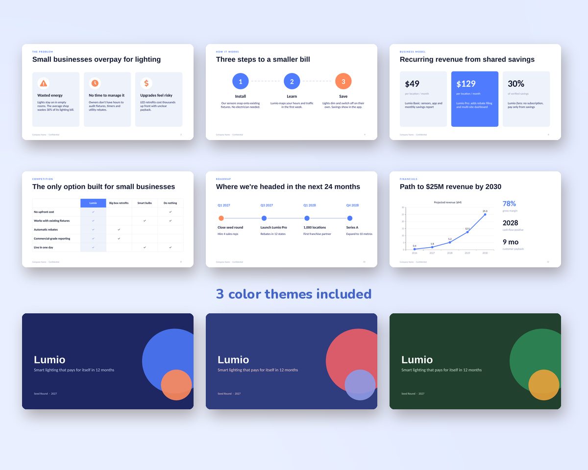 Presentation Template Bundle: Startup Pitch Deck + Business Presentation for PowerPoint & Google Slides (6 Color Themes) printable preview 2