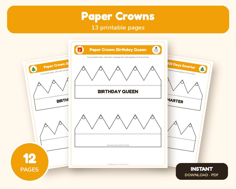 Printable Paper Crowns: 12 Designs (Birthday, Classroom, Christmas)