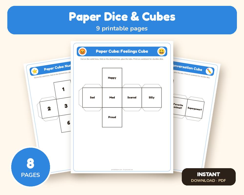 Printable Paper Dice & Cube Templates: 8 Designs printable preview 1