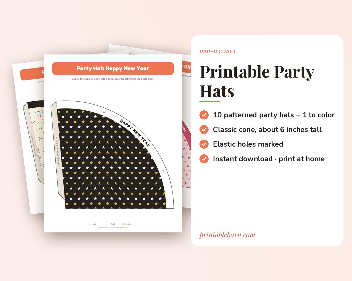 Printable Party Hats: 10 Patterned Cone Hat Templates (Birthday, New Year & More) printable preview 1