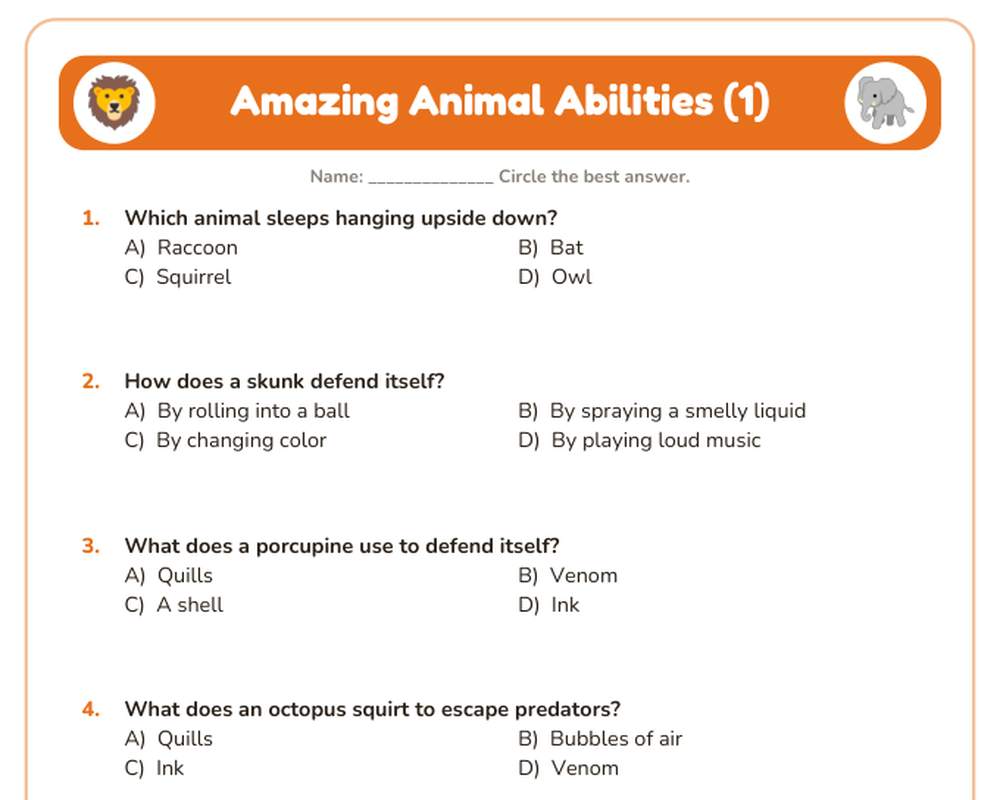 Free printable Amazing Animal Abilities Quiz sample page
