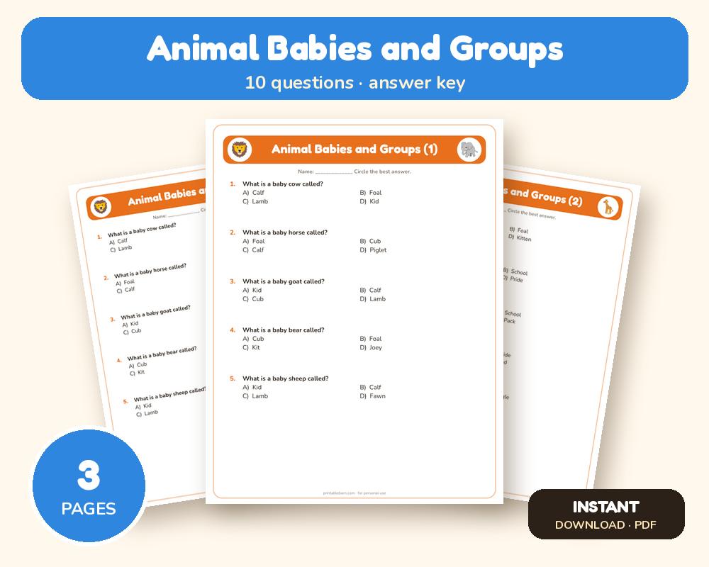 Animal Babies and Groups Quiz Worksheet (Printable, with Answer Key) printable preview 1