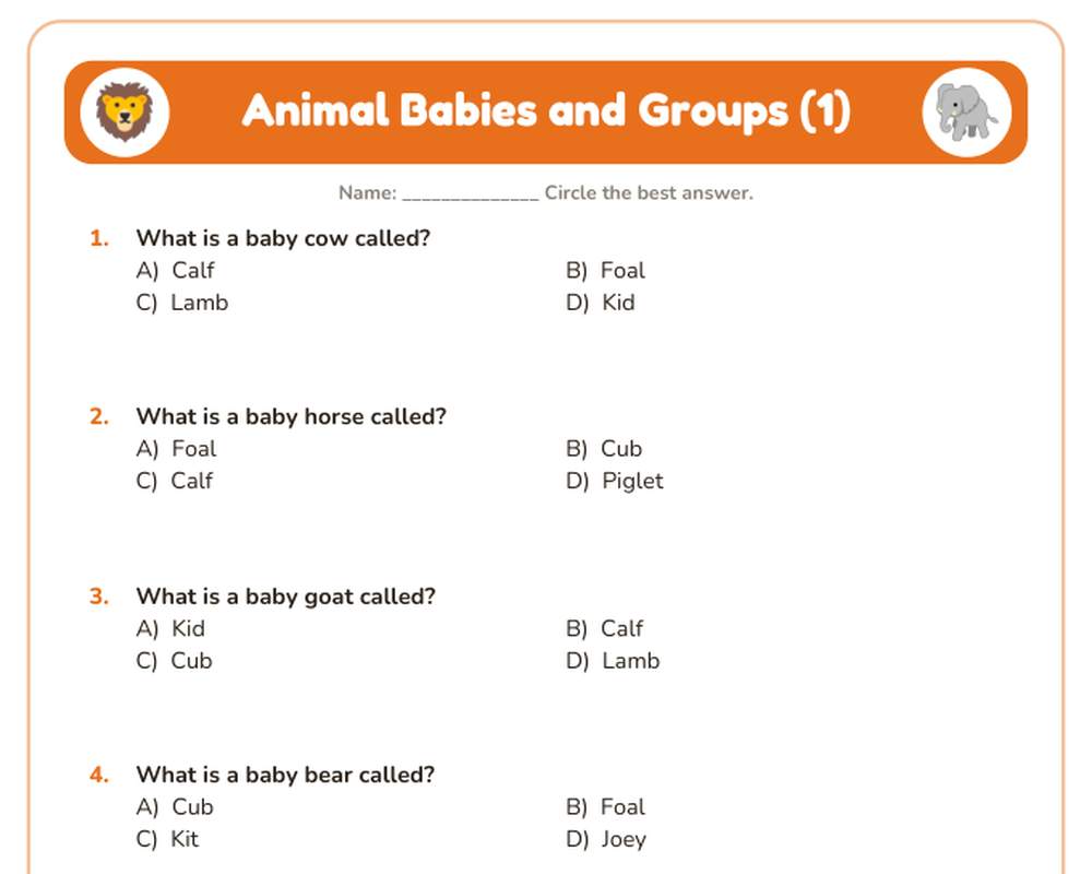 Free printable Animal Babies and Groups Quiz sample page