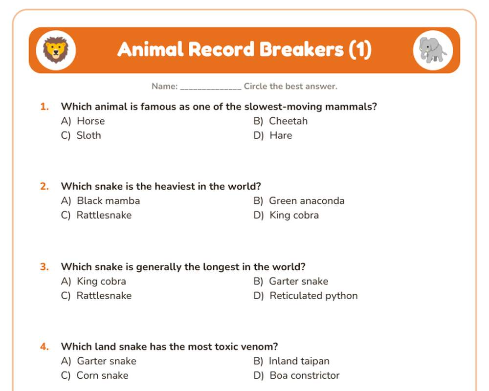 Free printable Animal Record Breakers Quiz sample page