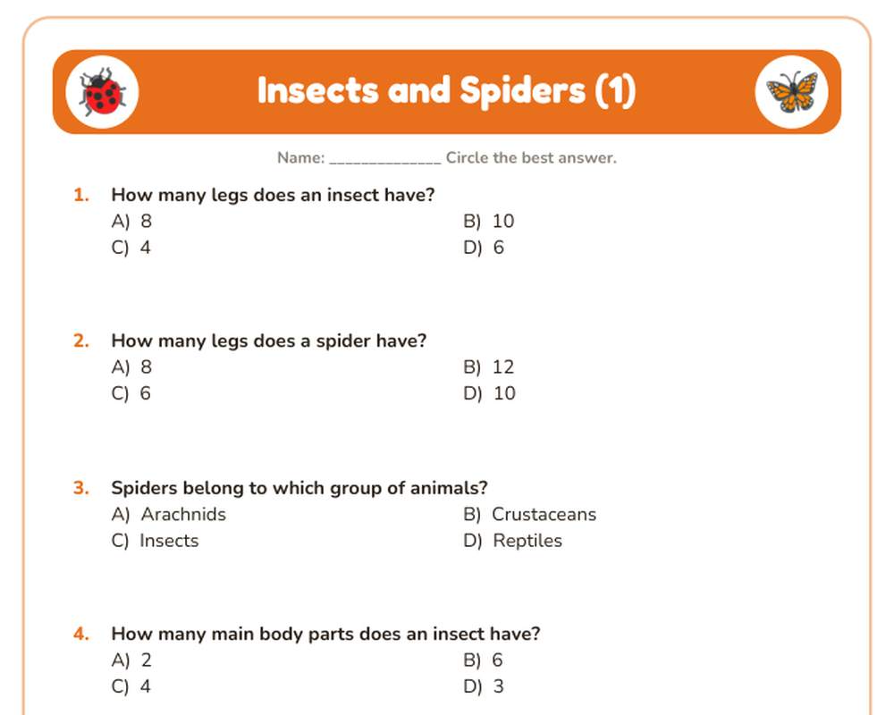 Free printable Insects and Spiders Quiz sample page
