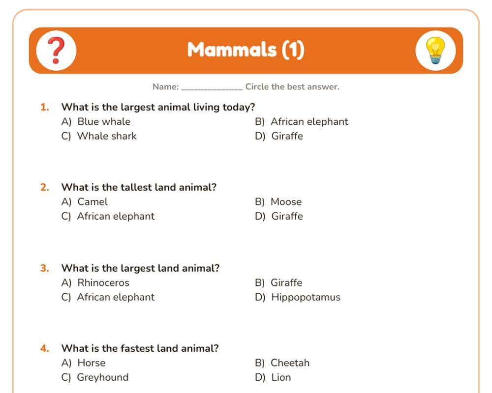Free printable Mammals Quiz sample page