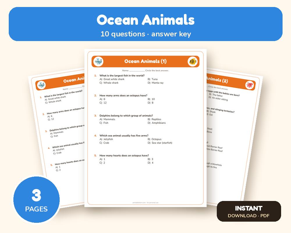 Ocean Animals Quiz Worksheet (Printable, with Answer Key)