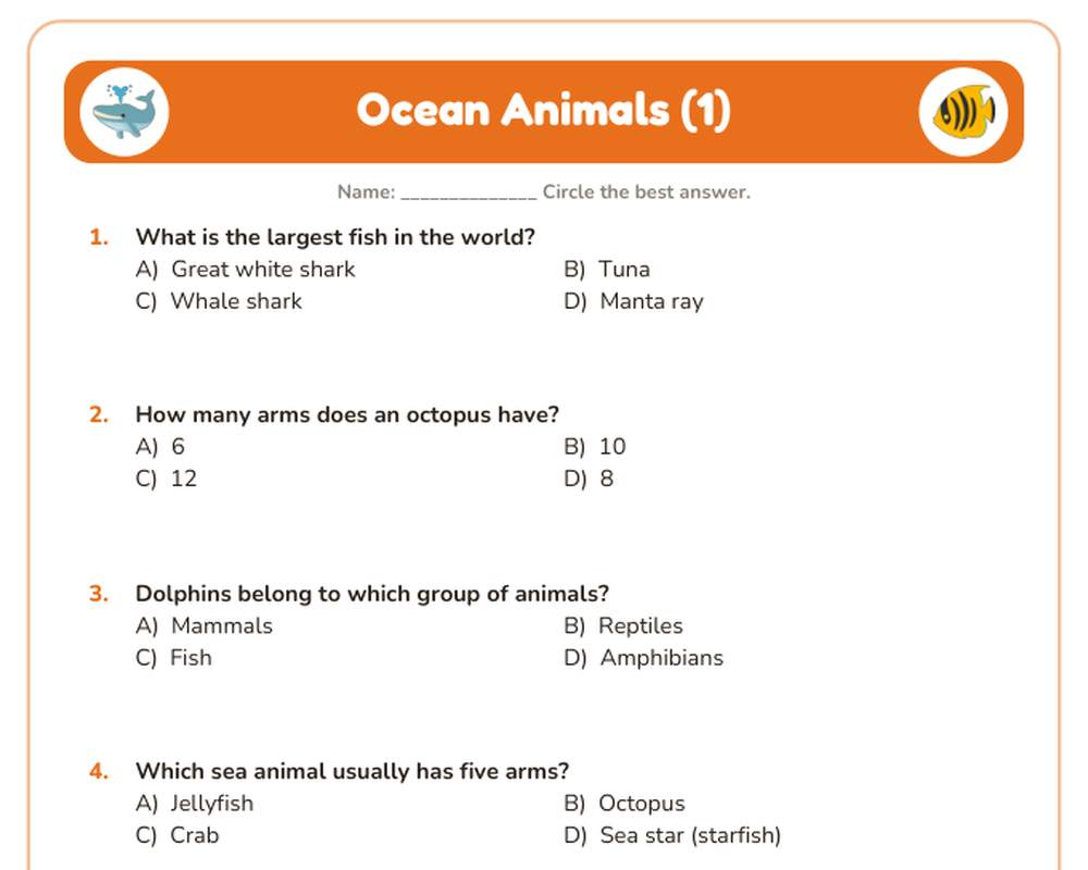 Free printable Ocean Animals Quiz sample page