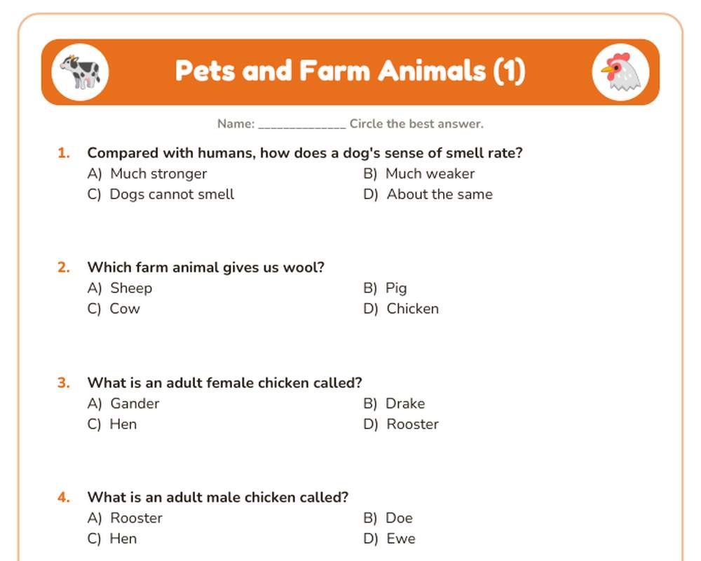 Free printable Pets and Farm Animals Quiz sample page