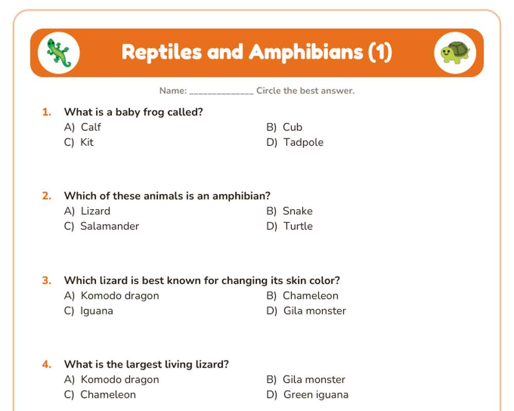 Free printable Reptiles and Amphibians Quiz sample page