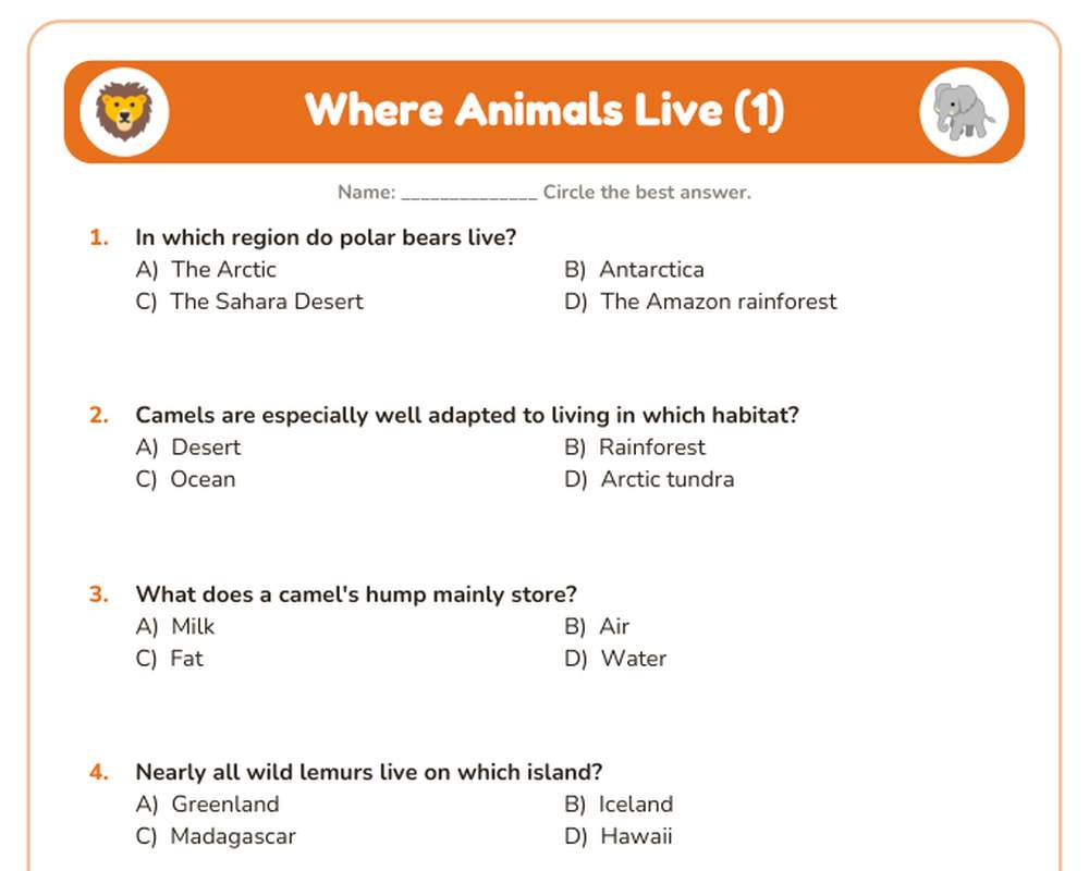 Free printable Where Animals Live Quiz sample page