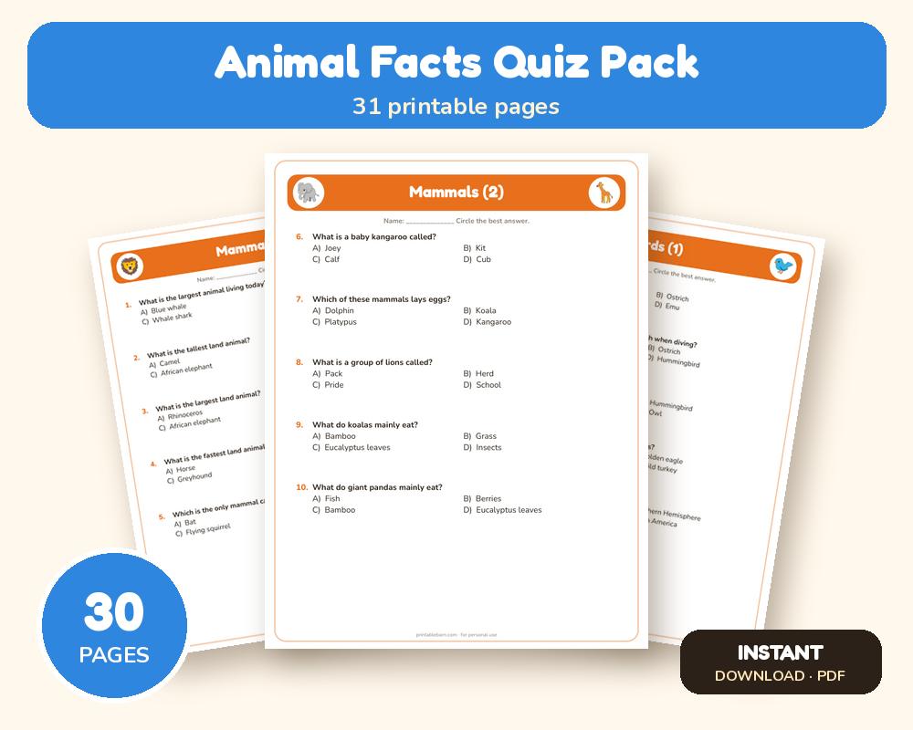 Animal Facts Quiz Pack: 10 Printable Quiz Worksheets (100 Questions + Answer Key)