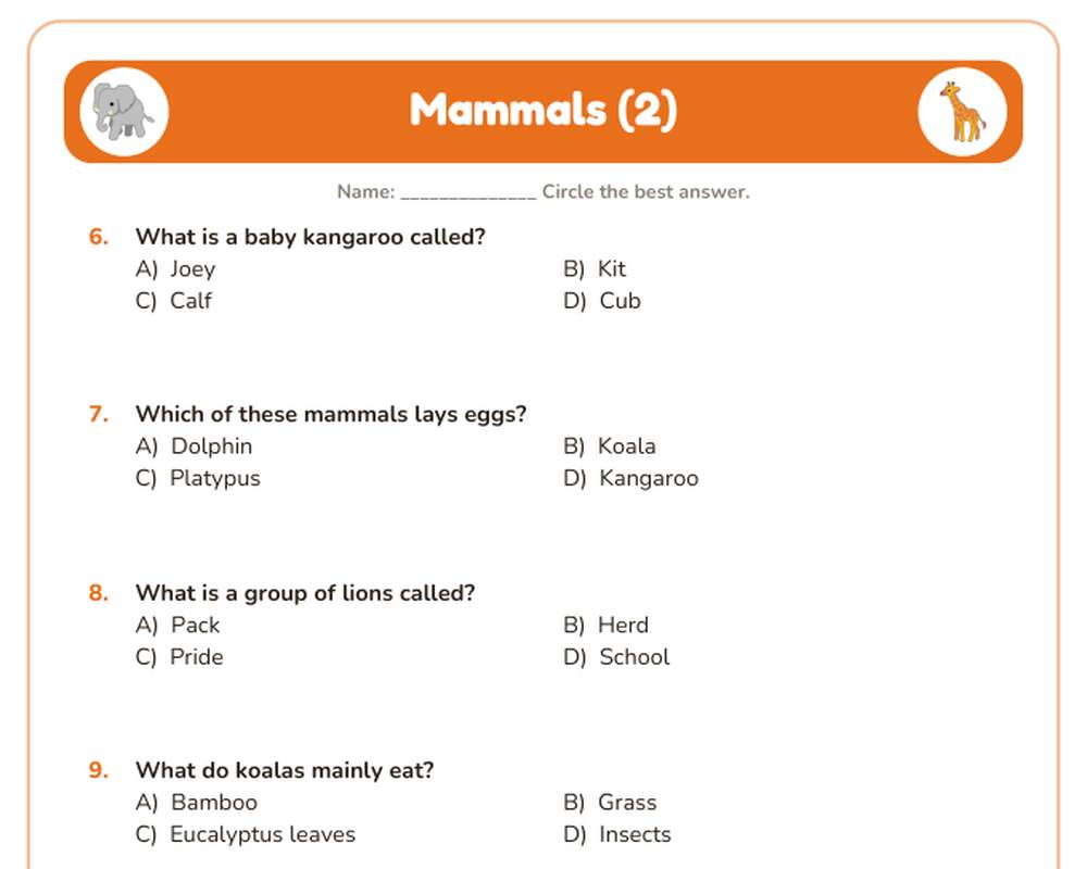 Free printable Animal Facts Quiz Pack sample page