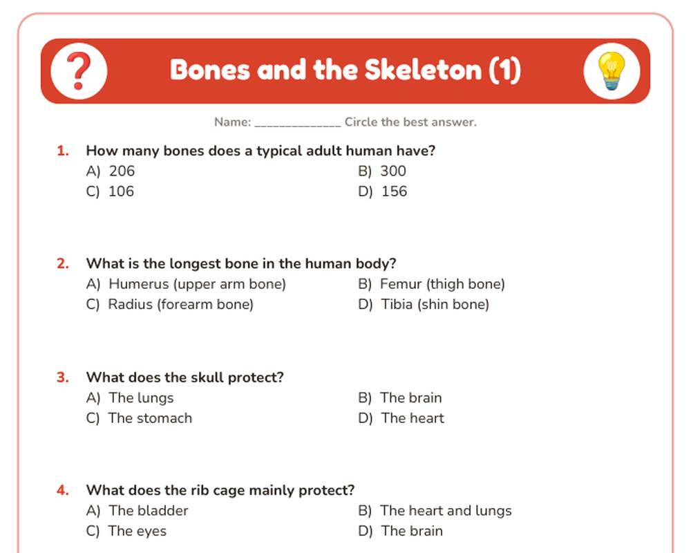 Free printable Bones and the Skeleton Quiz sample page