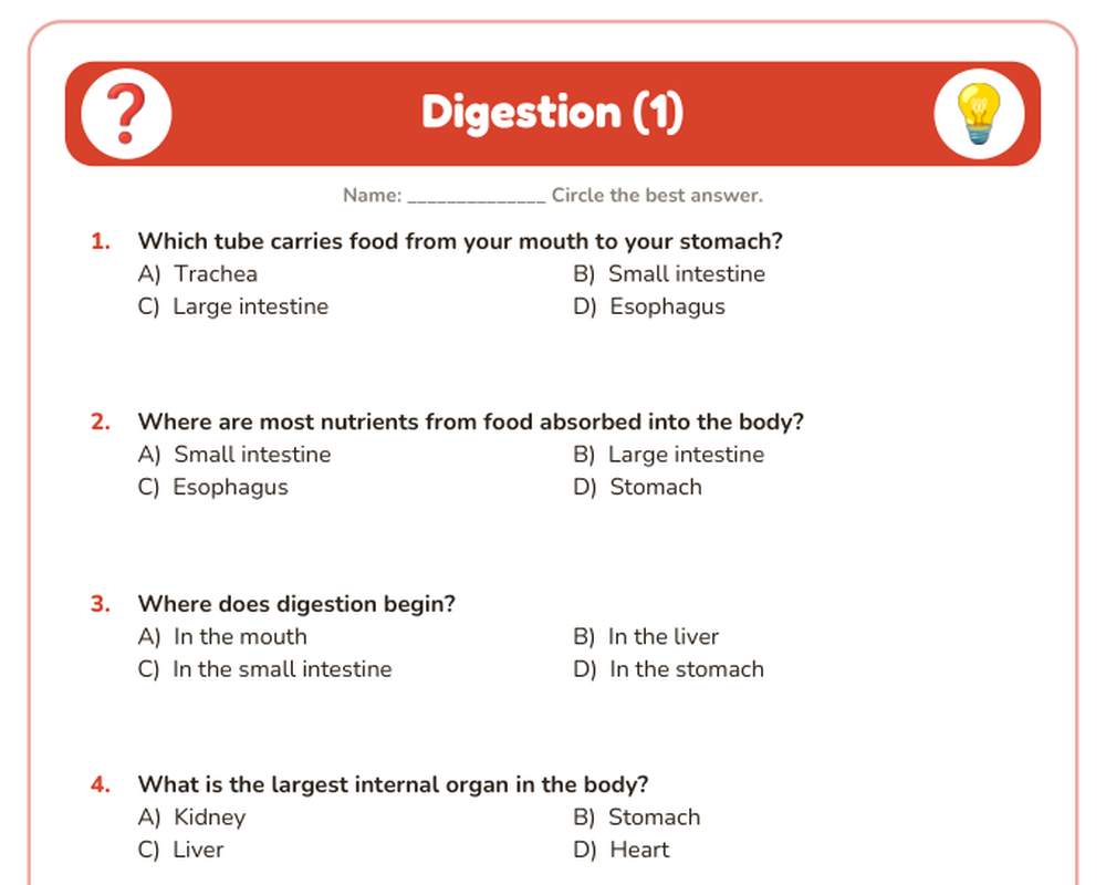 Free printable Digestion Quiz sample page