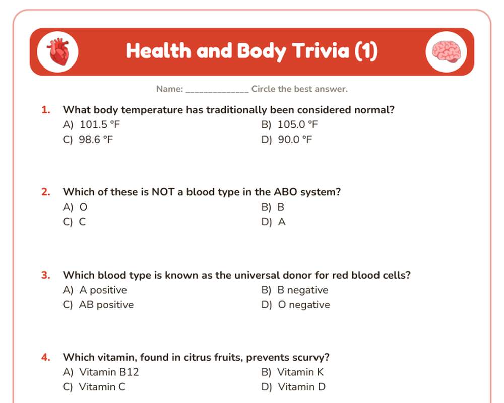 Free printable Health and Body Trivia Quiz sample page