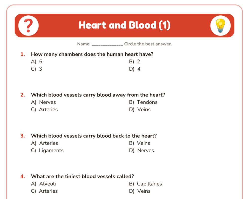 Free printable Heart and Blood Quiz sample page