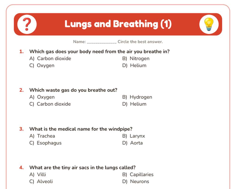Free printable Lungs and Breathing Quiz sample page