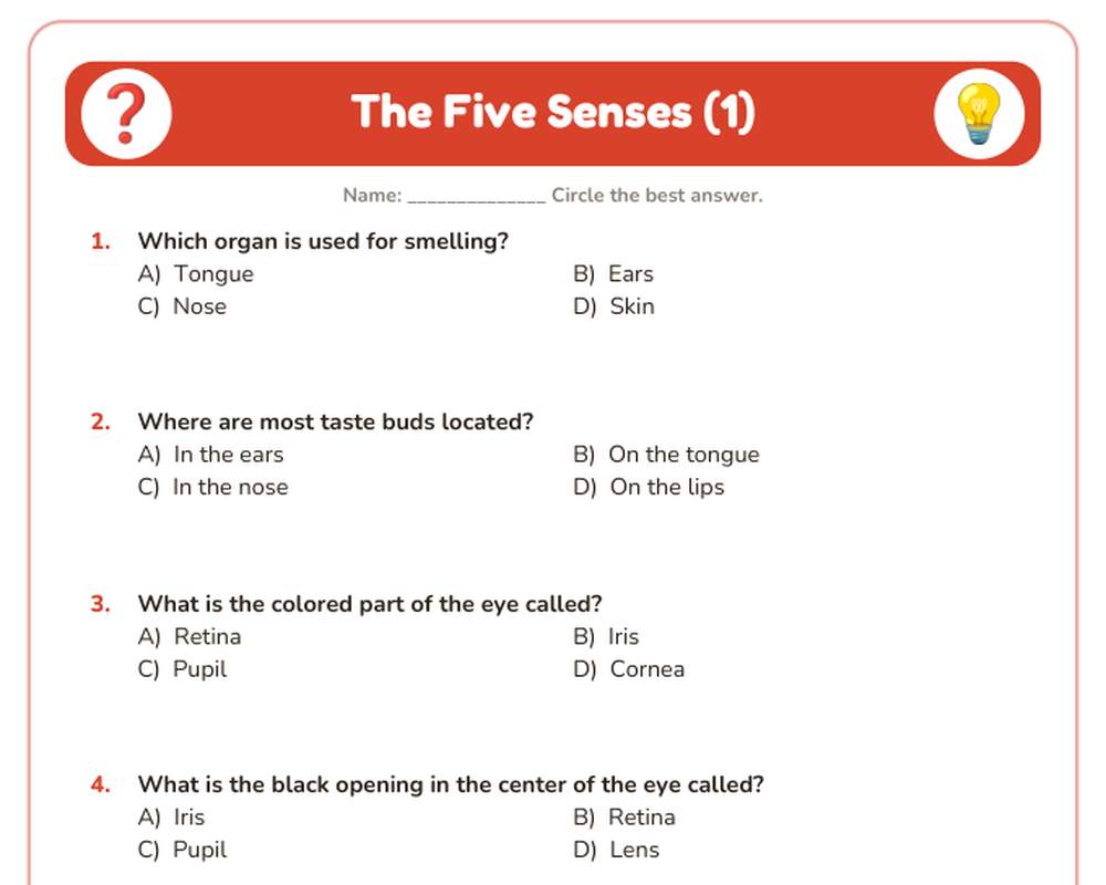 Free printable The Five Senses Quiz sample page
