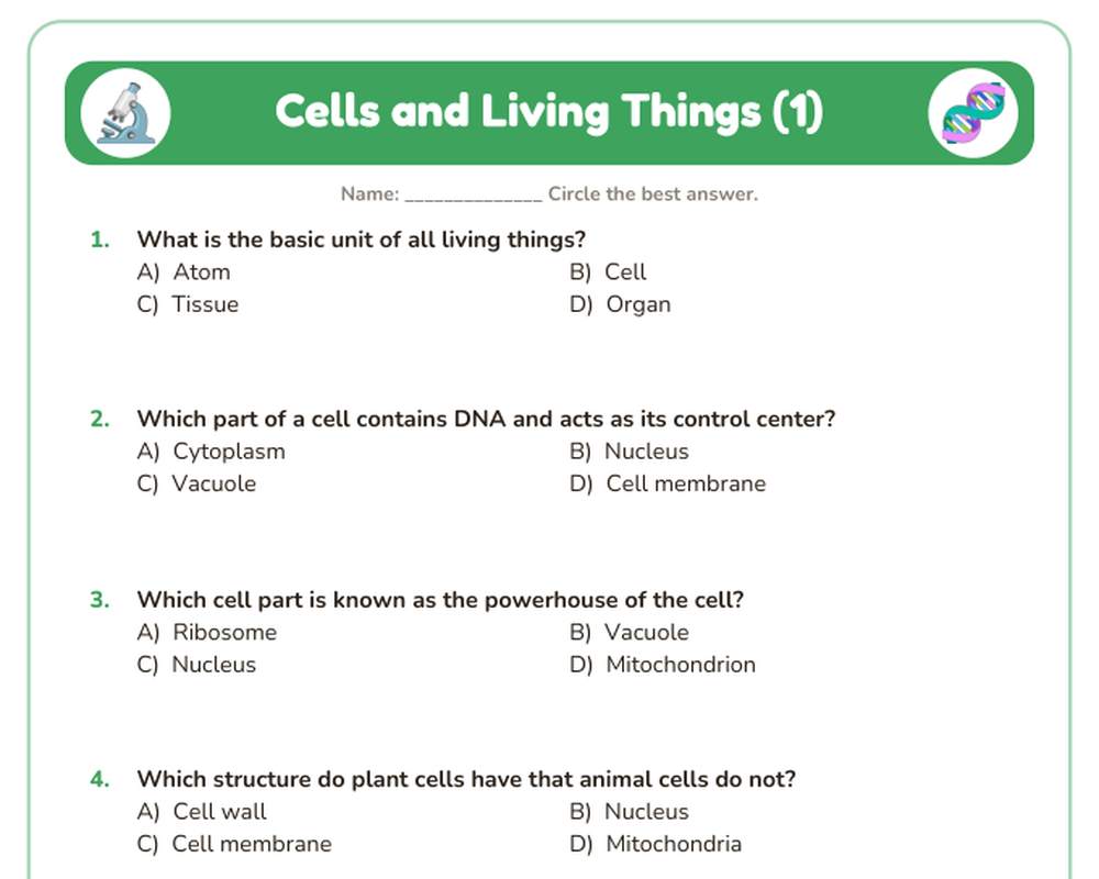 Free printable Cells and Living Things Quiz sample page