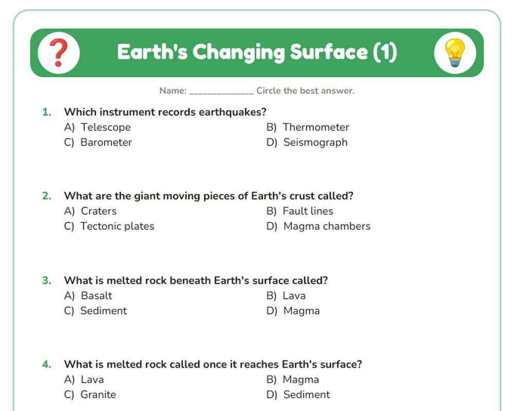 Free printable Earth's Changing Surface Quiz sample page