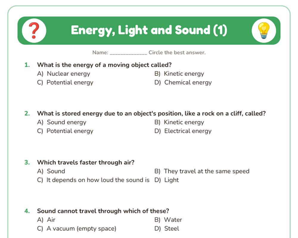 Free printable Energy, Light and Sound Quiz sample page