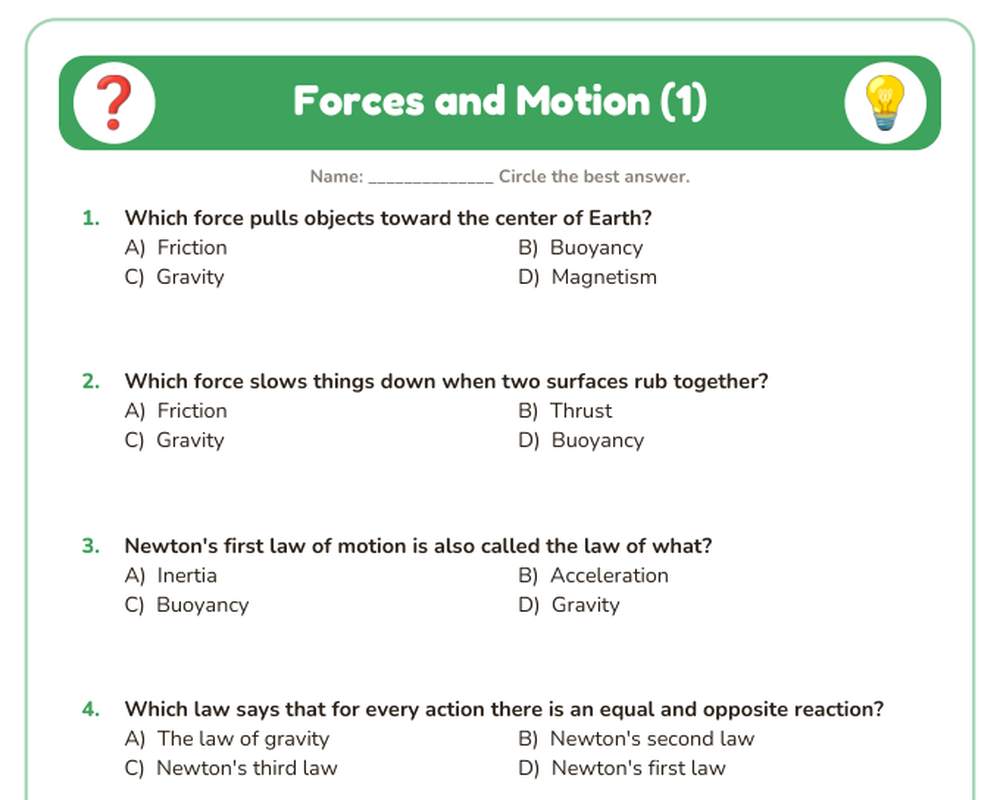 Free printable Forces and Motion Quiz sample page