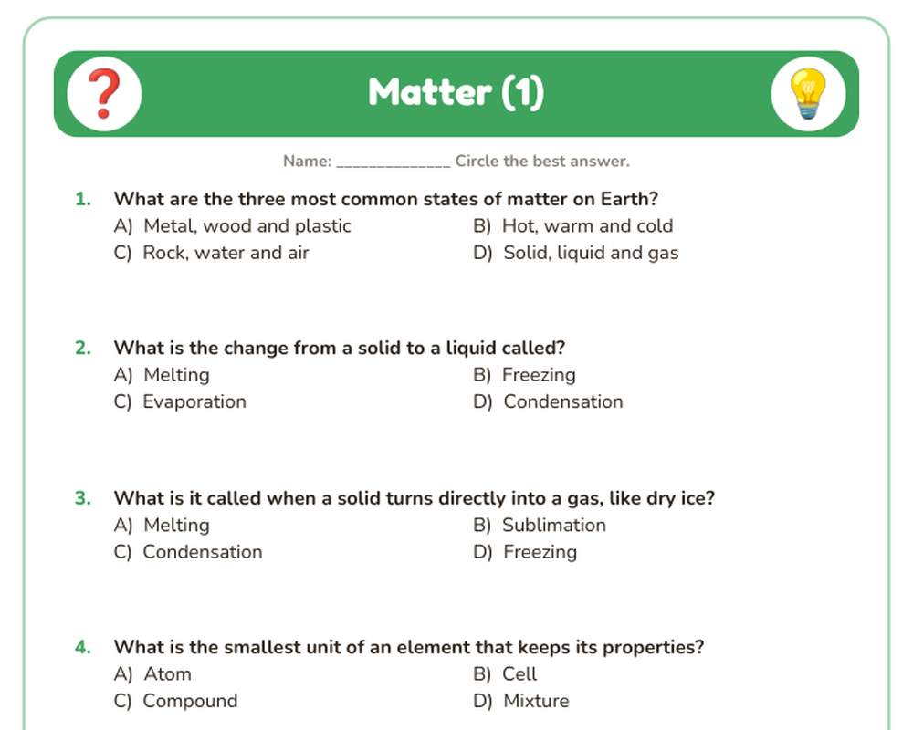 Free printable Matter Quiz sample page