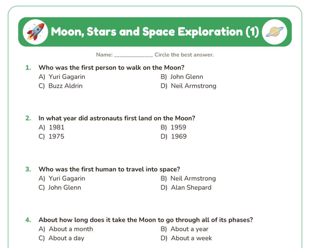 Free printable Moon, Stars and Space Exploration Quiz sample page