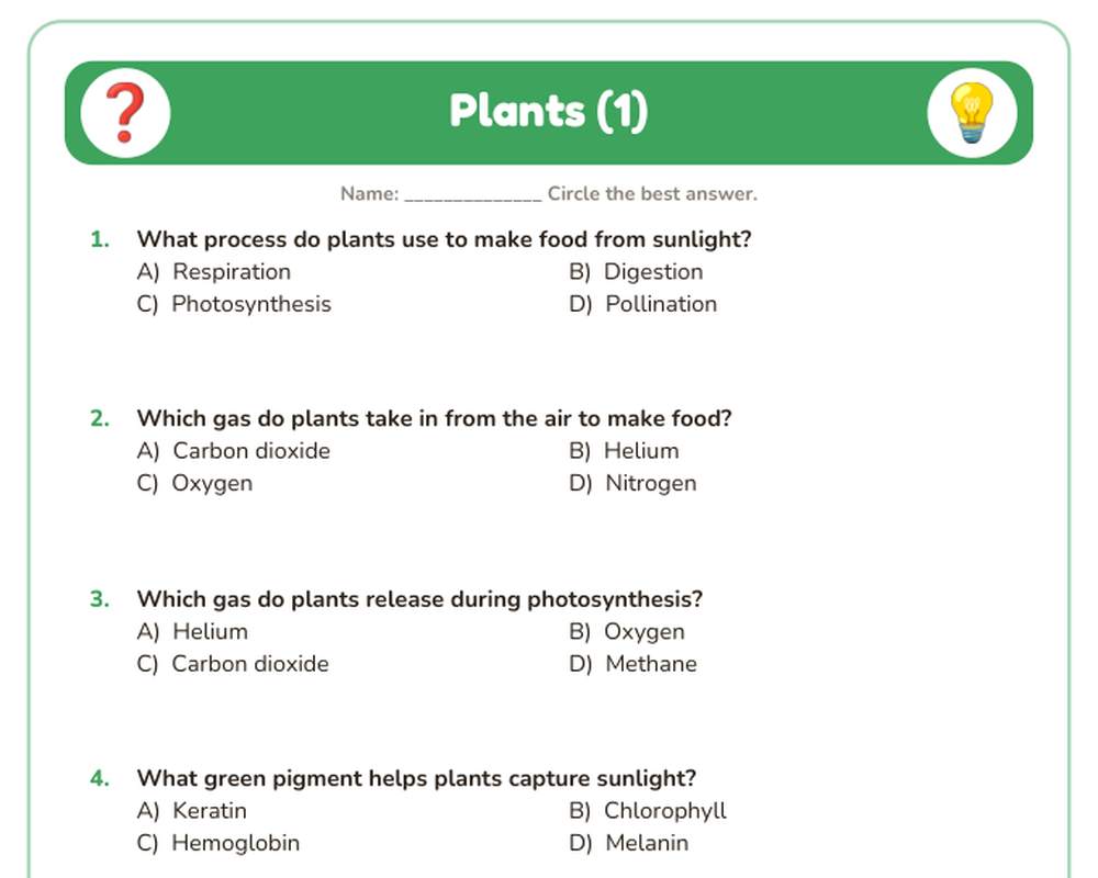 Free printable Plants Quiz sample page