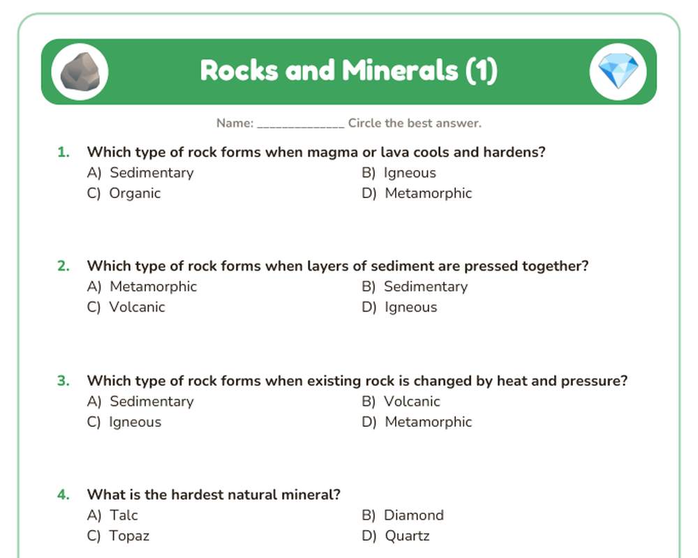 Free printable Rocks and Minerals Quiz sample page