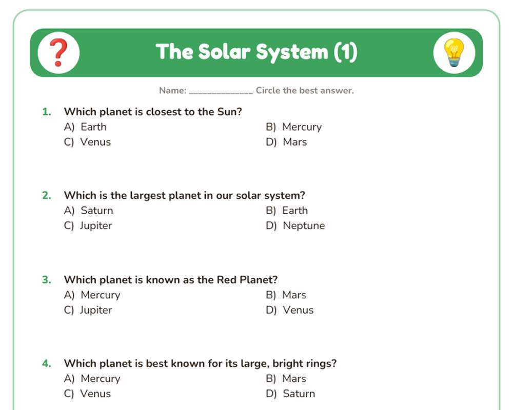 Free printable The Solar System Quiz sample page